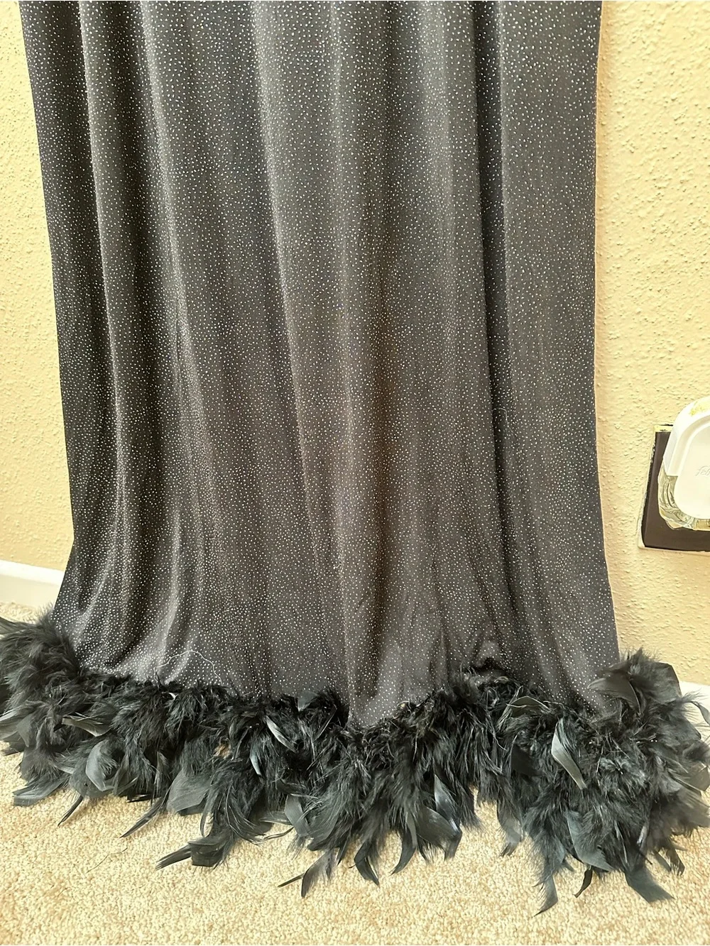 VTG 2X Black Sequin Feather Trim Maxi Dress Flare Sleeve Glam Witchy Whimsigoth